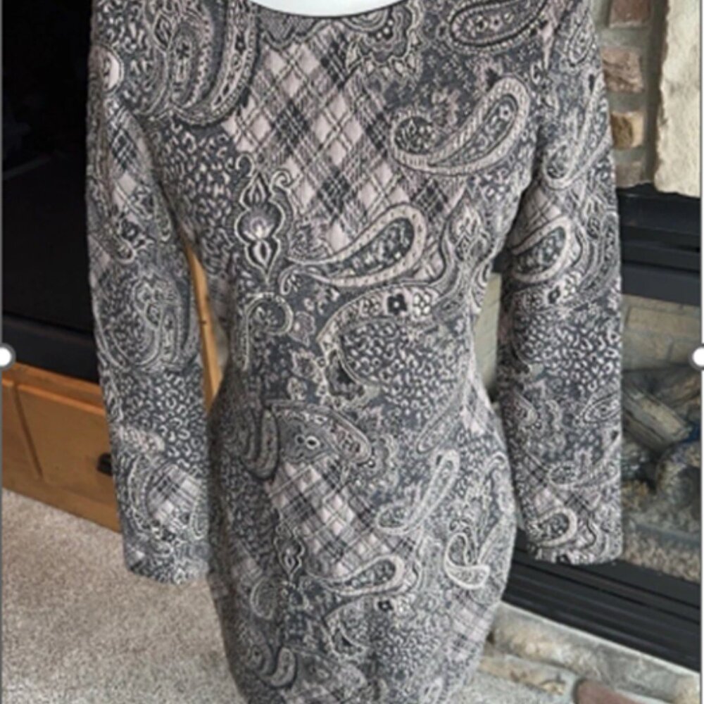 NEW Belle Badgley Mischka Black Nude Bateau Neck Long Sleeve Dress Orig $169